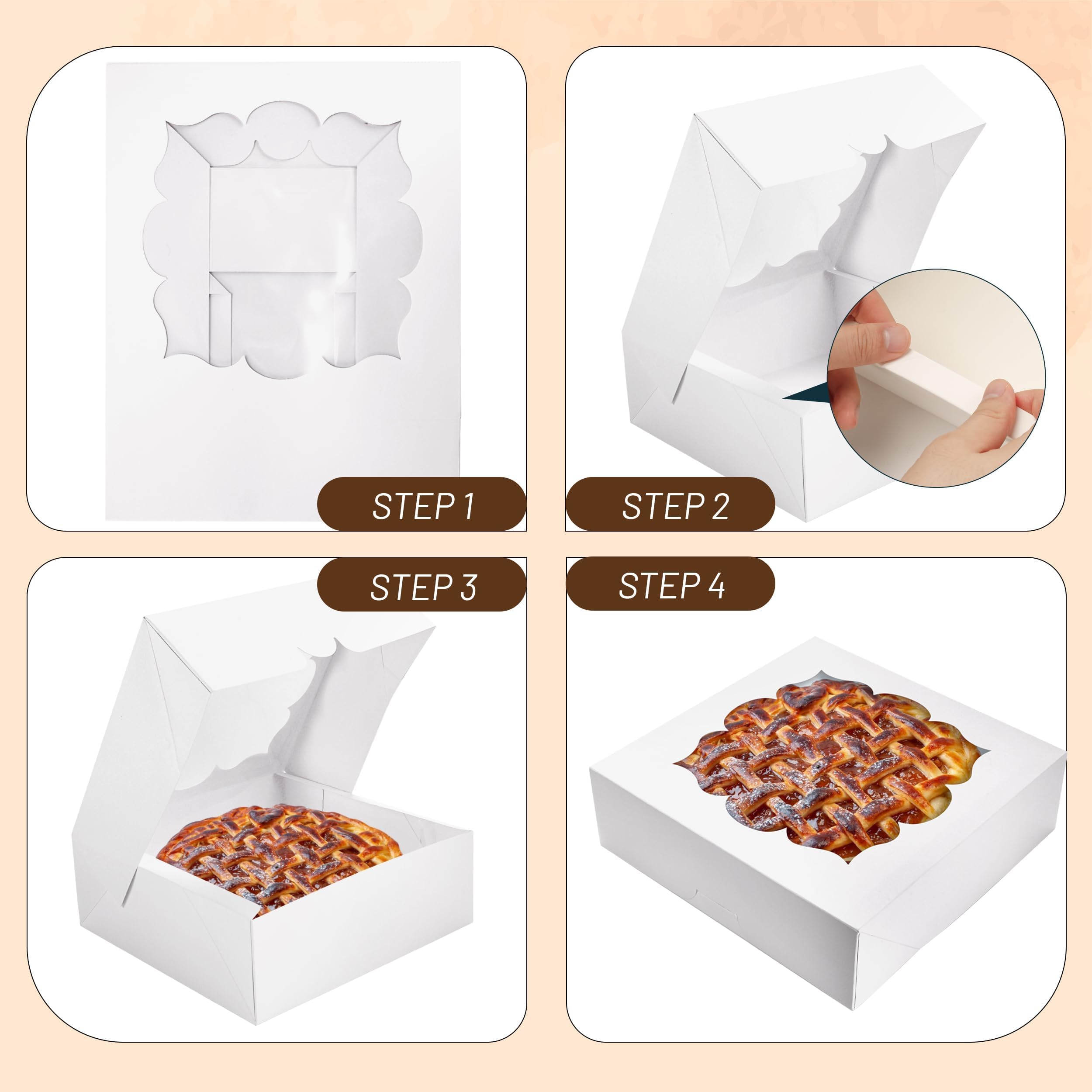 NPLUX 20 Pack Pie Boxes 10x10x3inch Bakery Boxes with Window Pastry Box for Pies,Cheesecake and Chocolate Strawberries (White)