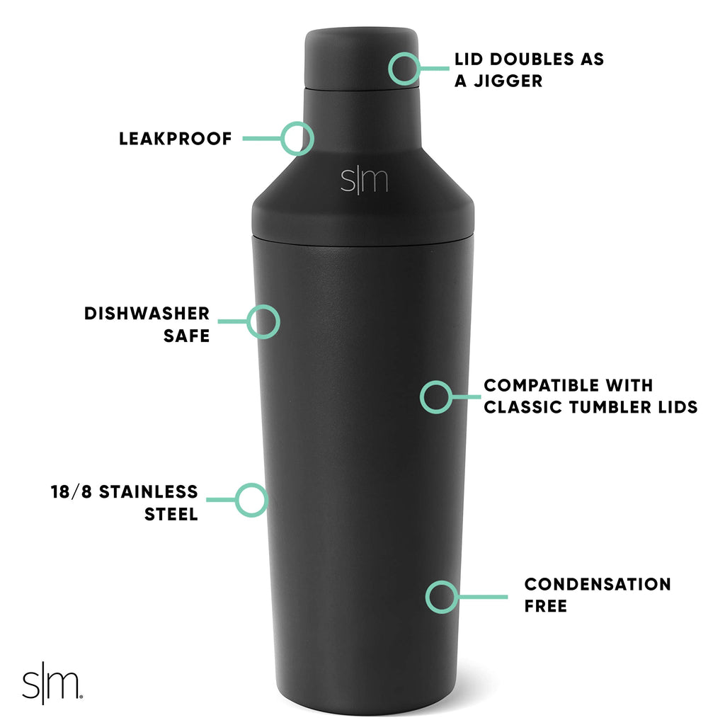 Simple Modern Cocktail Shaker for Bar with Jigger Lid | Stainless Steel Gifts for Women & Men | Classic Cocktail Shaker | 20oz | Midnight Black