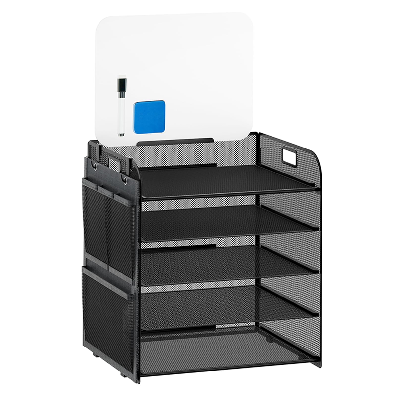 Desk Organizer with Erase Board, Storage Bag, Pen and Whiteboard Eraser, 5-Tier Paper Letter Tray File Organization: Mesh Workspace Document Storage Desktop Organizer Accessories for Office Supplies