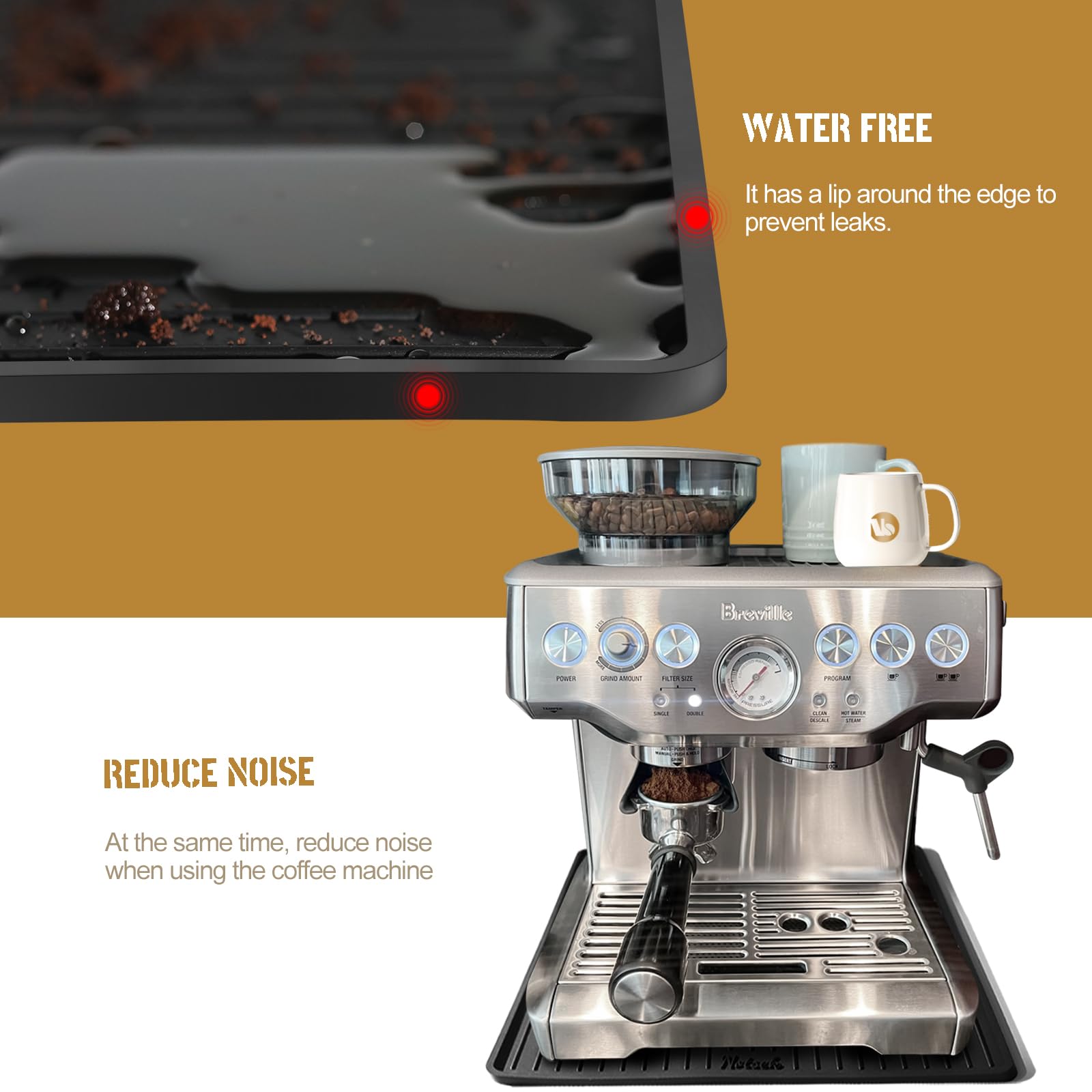 Coffee Bar Mat for Breville 870/880, 14 x 14inch, Silicone, 0.24in Raised Lip Spill-Proof, Under Coffee Maker, Coffee Pot Station for Countertop Kitchen, Black