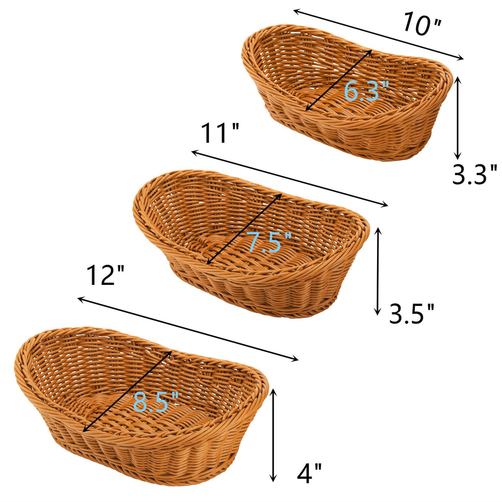 Yarlung 3 Pack Woven Breads Baskets, Oval Small Fruit Baskets Stackable Plastic Wicker Baskets for Serving Vegetables, Kitchen, Restaurant, Outdoor, Imitation Rattan Brown, 3 Sizes