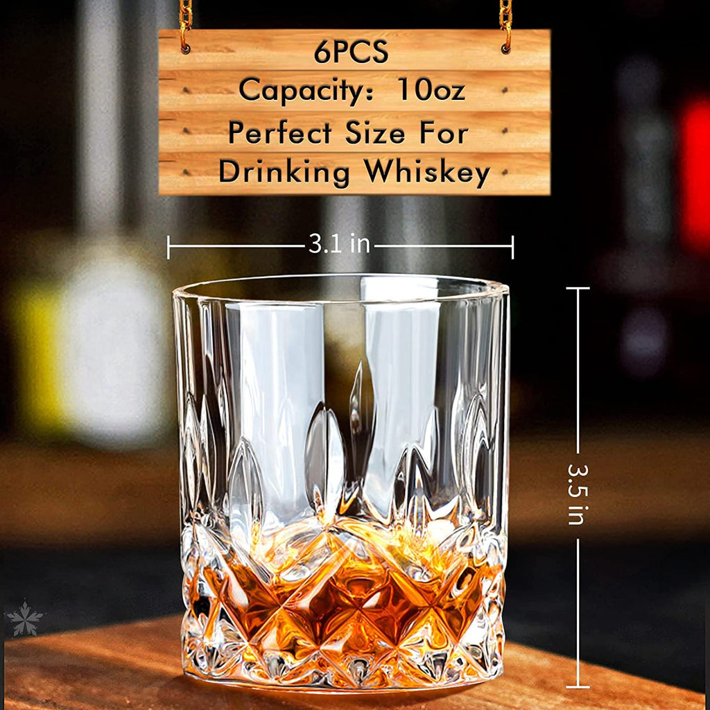 Whiskey Glasses Old Fashioned Glass Set of 6 Rocks Glasses 10oz Clear Whisky Glasses Lowball Glassware Drinking Tumblers Cups for Cognac Bourbon Cocktail Rum Brandy Bar Men