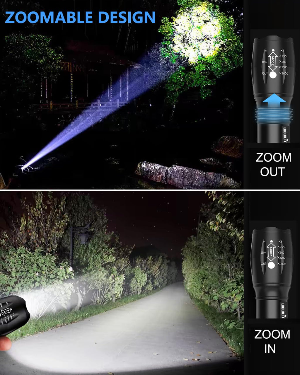 LED Flashlight, Wowlite Ultra Bright XML T6 LED Torch with 5 Light Modes & Adjustable Focus for Emergency Camping Hiking (3 Pack)