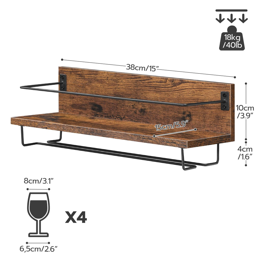 HOOBRO Wine Rack Wall Mounted 2 Pack, Wine Shelf Hanging Floating Wall Shelves, Wine Glass Bottle Rack Stemware Holder, for Living Room, Dining Room, Kitchen, Rustic Brown and Black BF28BJ01