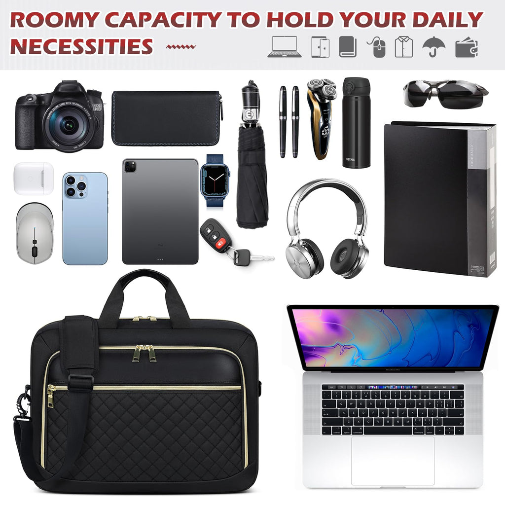 Laptop Bag 17.3 Inch Large Laptop Briefcase for Women Men Waterproof Shoulder Messenger Bag Padded Carry On Laptop Case Professional Computer Bag for Business Office Work College, Black