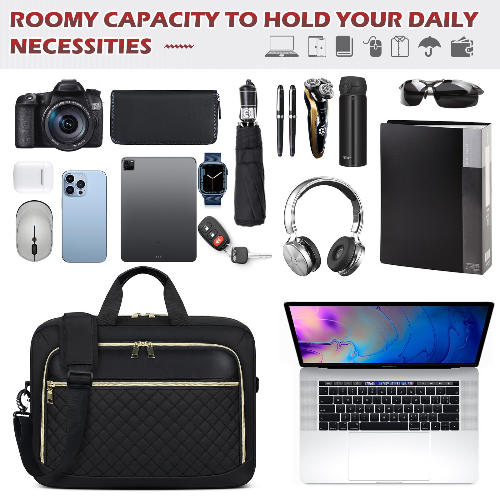 Laptop Bag 17.3 Inch Large Laptop Briefcase for Women Men Waterproof Shoulder Messenger Bag Padded Carry On Laptop Case Professional Computer Bag for Business Office Work College, Black