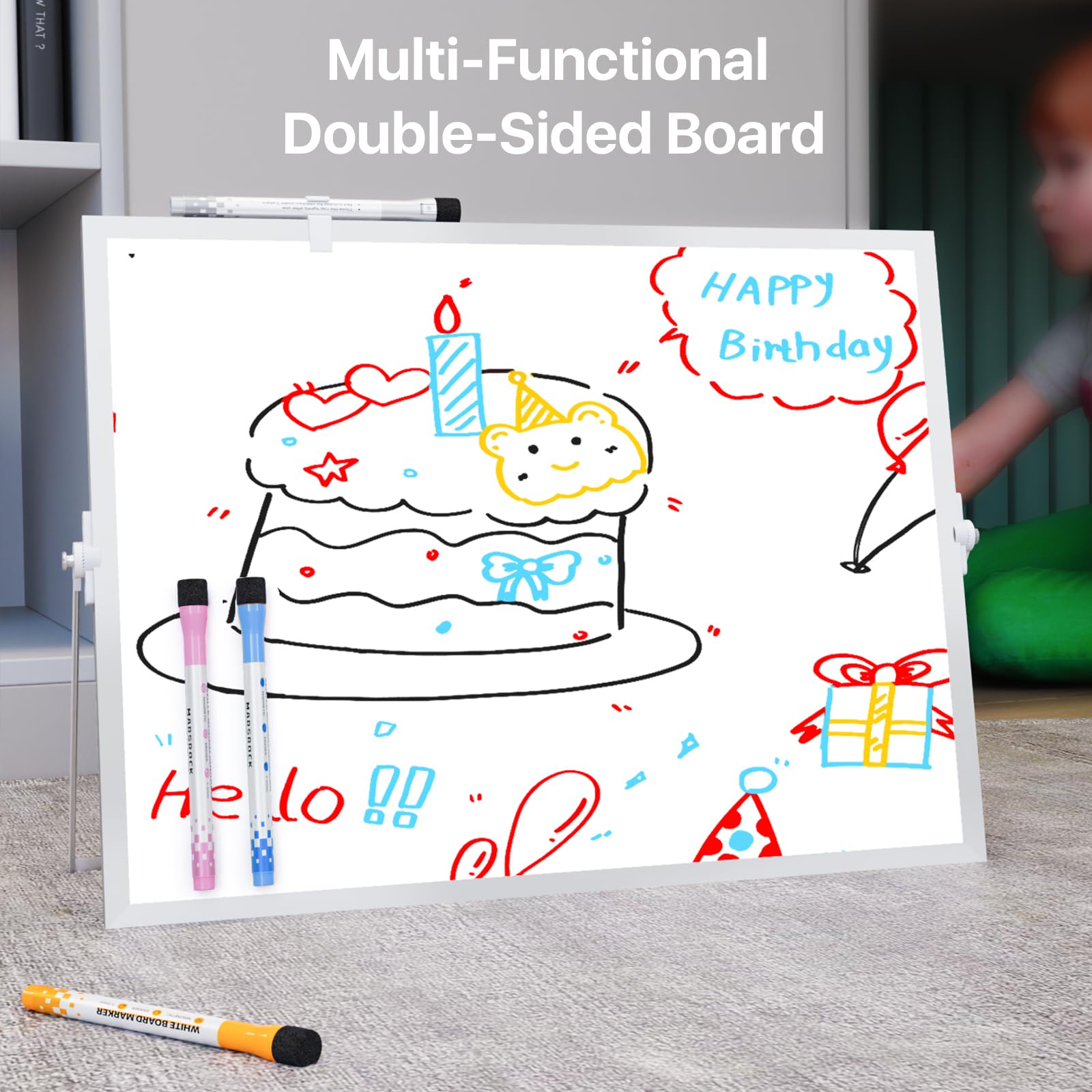 Dry Erase White Board with Stand, Double-Sided Weekly Whiteboard 16"x12", 10 Markers, 6 Magnets, 1 Eraser, Portable Desktop Whiteboard for Planning, Weekly Schedule Board for Home