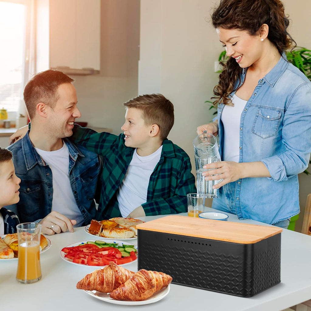 Pitmoly Bread Box, Metal Bread Container with Bamboo Lid, Bread Storage Container for Kitchen Countertop, Large Modern Bread Bin 13" x 7" x 5.3" (Black)
