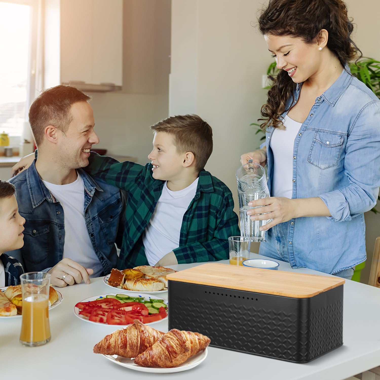 Pitmoly Bread Box, Metal Bread Container with Bamboo Lid, Bread Storage Container for Kitchen Countertop, Large Modern Bread Bin 13" x 7" x 5.3" (Black)