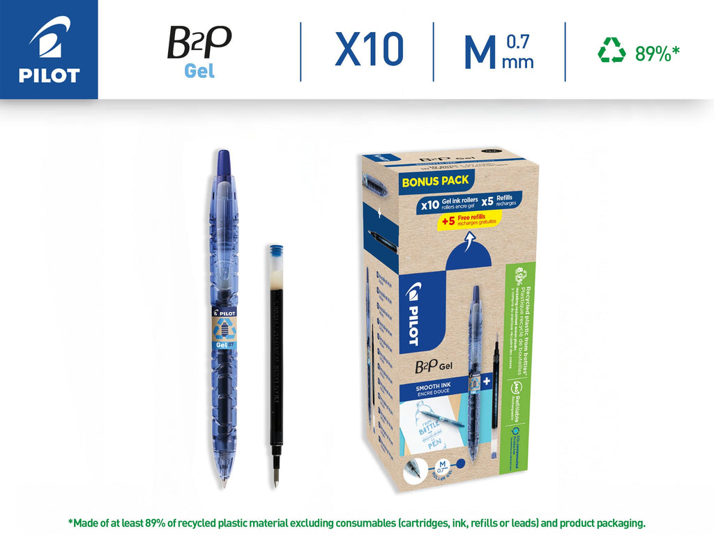 Pilot Greenpack B2P Eco Gel, 0.7mm, Blue, 10 Pens and 10 Refills