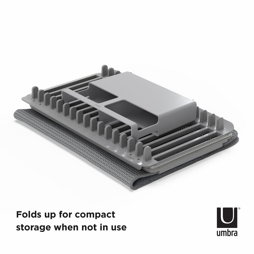 Umbra Udry Dish Rack and Microfiber Drying Mat – Space-Saving Design Folds Up for Easy Storage, Over-Sink Rack, Gray
