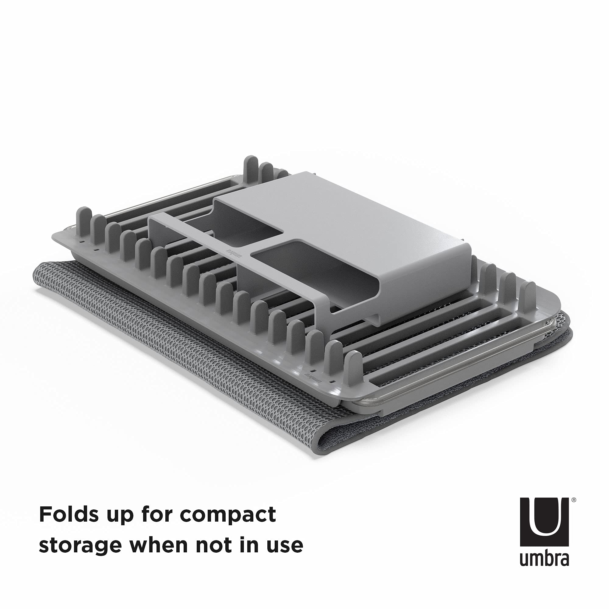 Umbra Udry Dish Rack and Microfiber Drying Mat – Space-Saving Design Folds Up for Easy Storage, Over-Sink Rack, Gray