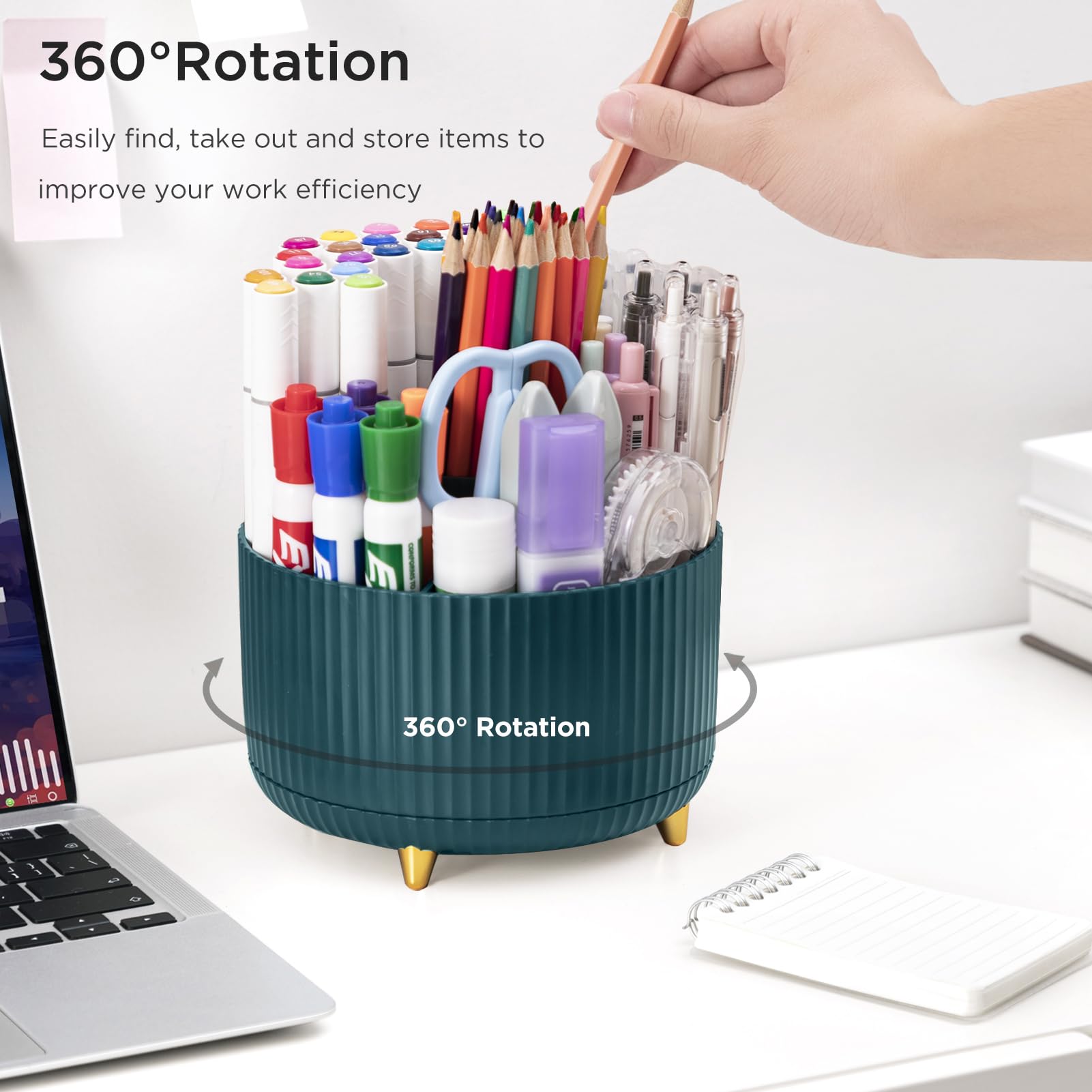 HBlife Pencil Pen Holder for Desk, 5 Slots 360° Degree Rotating Desk Organizers and Accessories, Desktop Storage Stationery Supplies Cute Pencil Cup for Office, School, Home, Art Supply, Dark Green