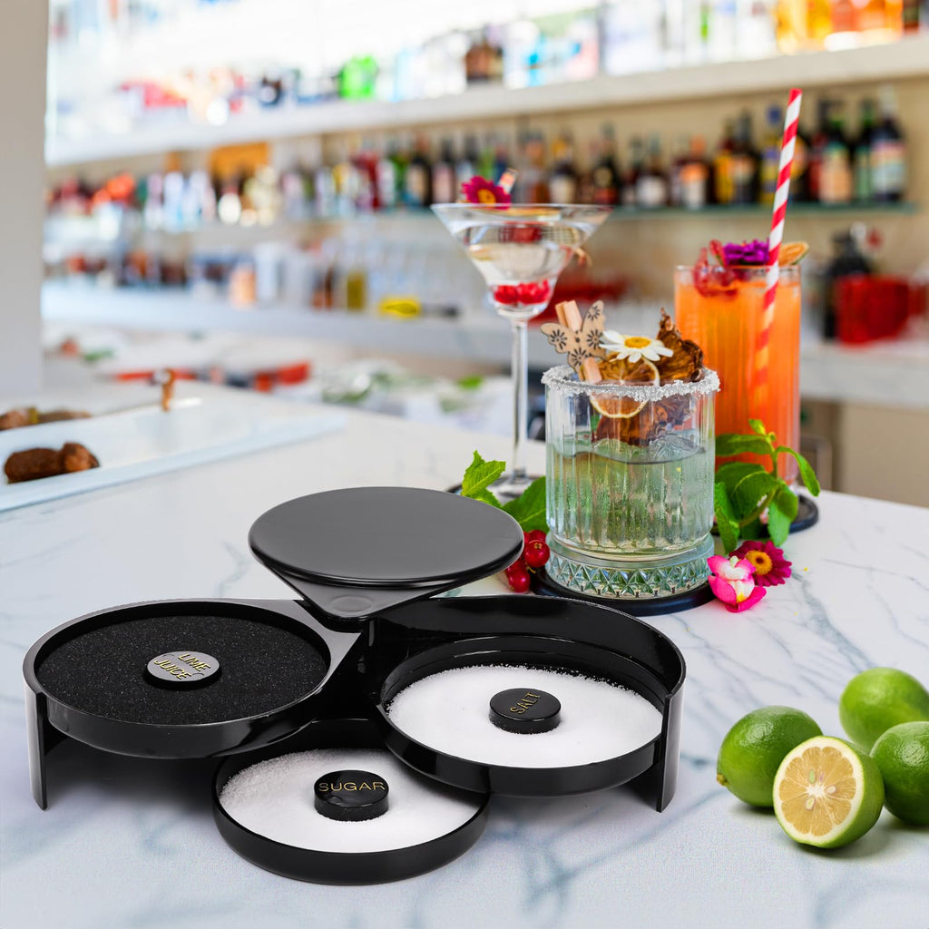 Suwimut 2 Pack 3 Tier Bar Glass Rimmer Bartender Tool with Sponge, Black Plastic Sugar Salt Glass Rimming with 3 Swing Out Trays for Margarita and Cocktail