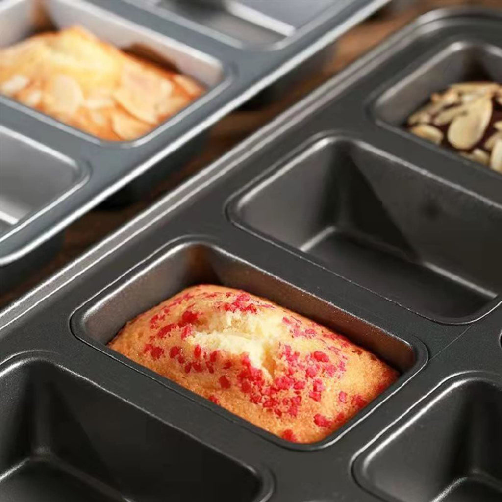 PLAZOTTA 2 Packs 8 Cavity Non-Stock Mini Loaf Pan with Silicone Handle, Mini Bread Loaf Baking Pan Mini Brownie Pan Cheesecake Mould Rectangular Bar