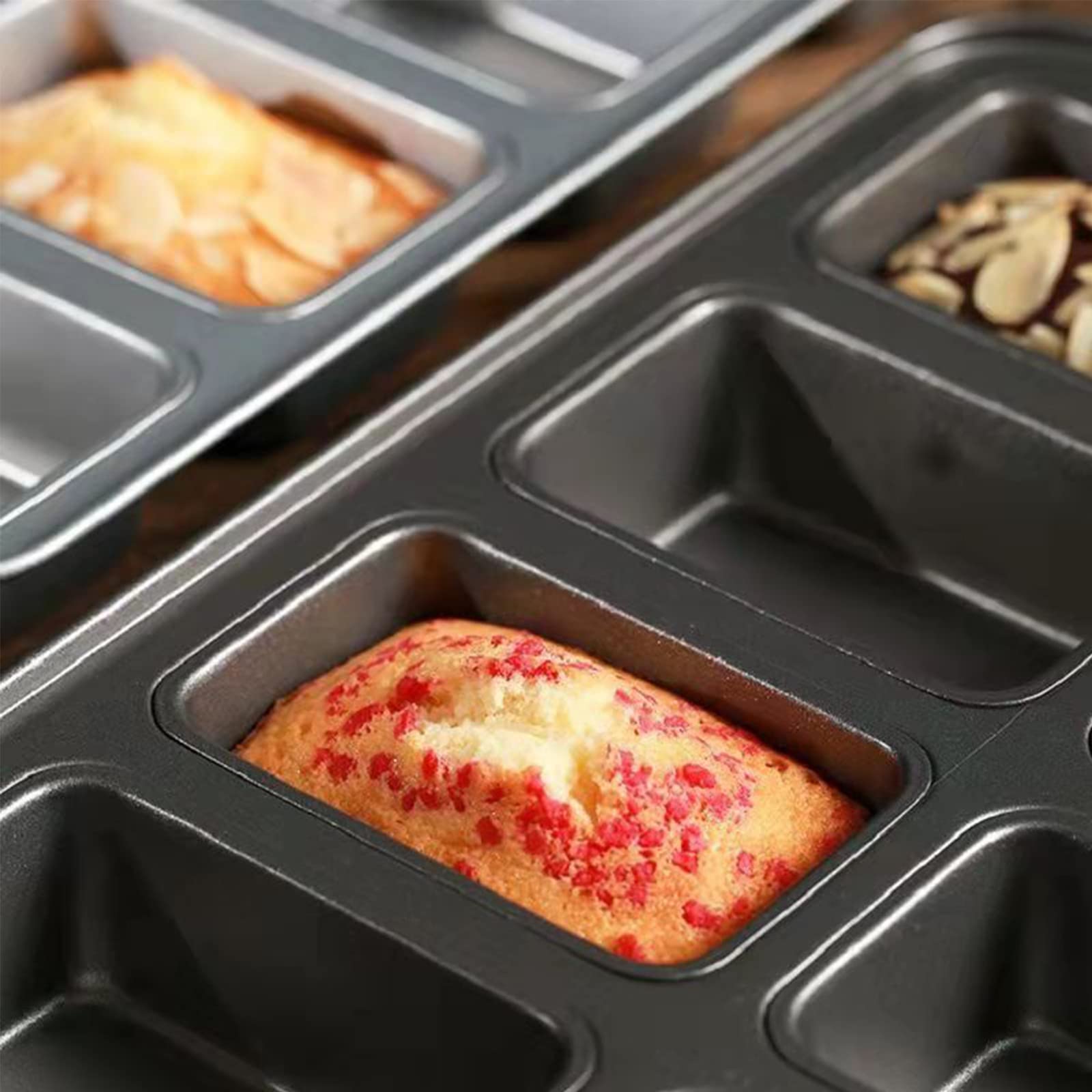 PLAZOTTA 2 Packs 8 Cavity Non-Stock Mini Loaf Pan with Silicone Handle, Mini Bread Loaf Baking Pan Mini Brownie Pan Cheesecake Mould Rectangular Bar