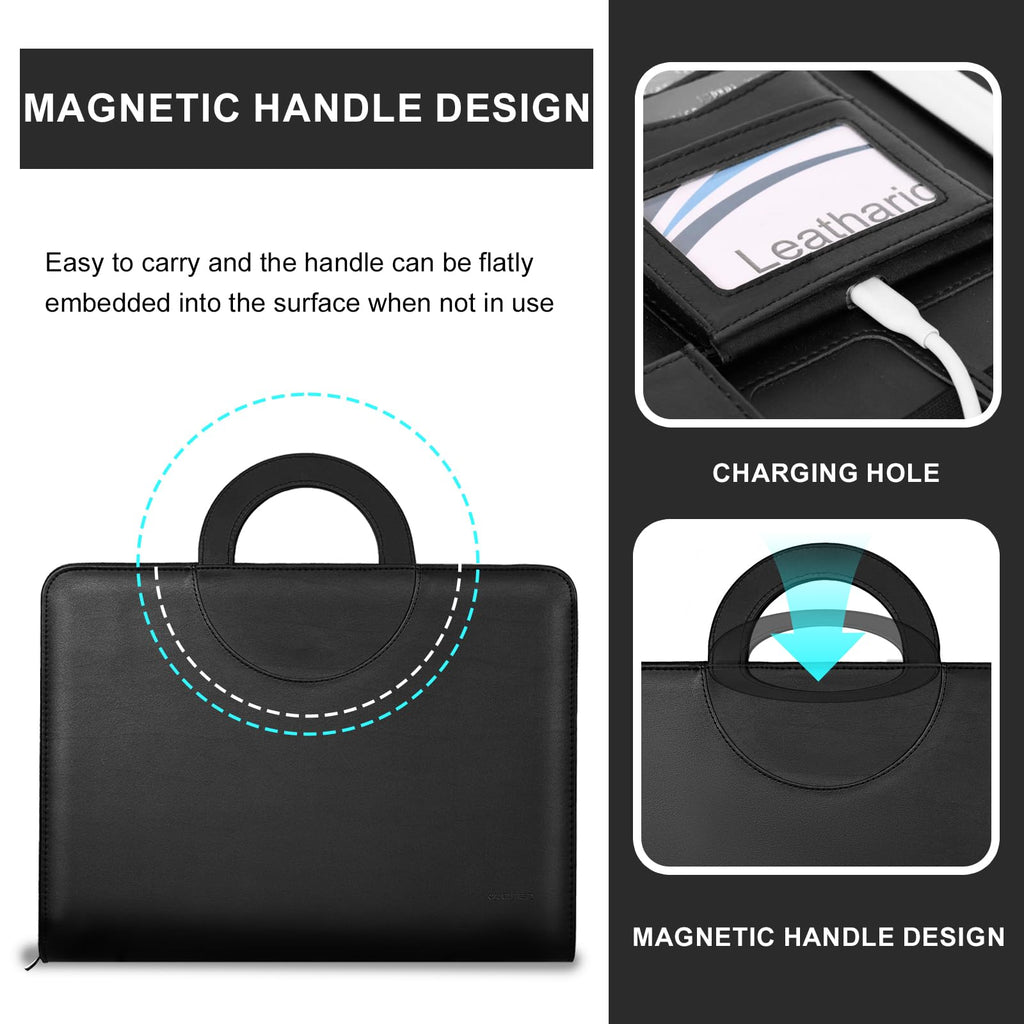 Leathario Portfolio, Vegan Leather A4 Padfolio with Handle, 3-Ring Zipper Binder, Includes 5 5-Tap Binder Dividers, Multi-Pocket Business Folder for Tablets, Files and Notepads, Office Supplies