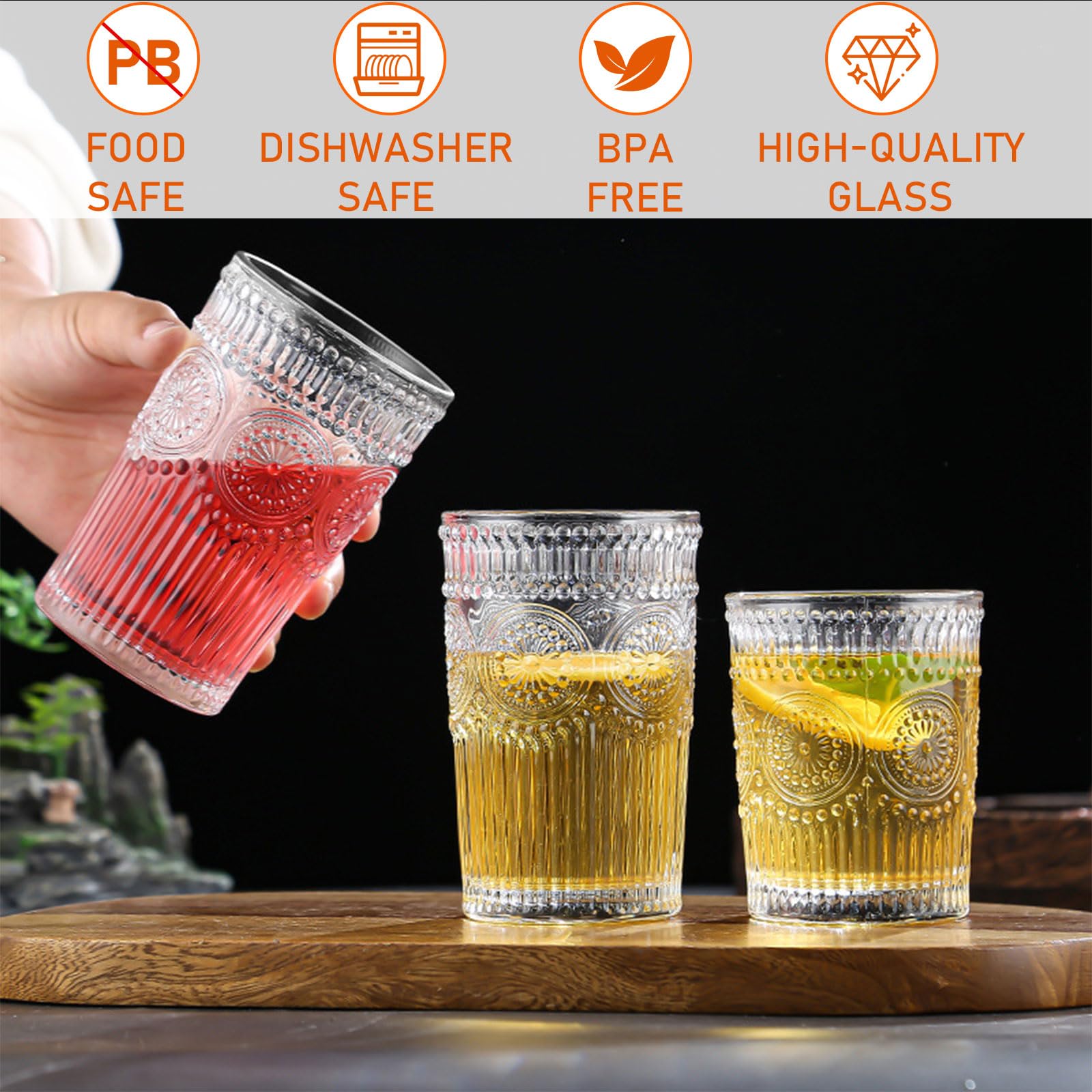Vintage Drinking Glasses Set of 12, Textured Clear Striped Glass Cups, 10oz Ribbed Glassware Set, Tall Water Glass Tumblers, Mojito Cups, Cocktail Glass, Iced Coffee Cup, Bar Glassware