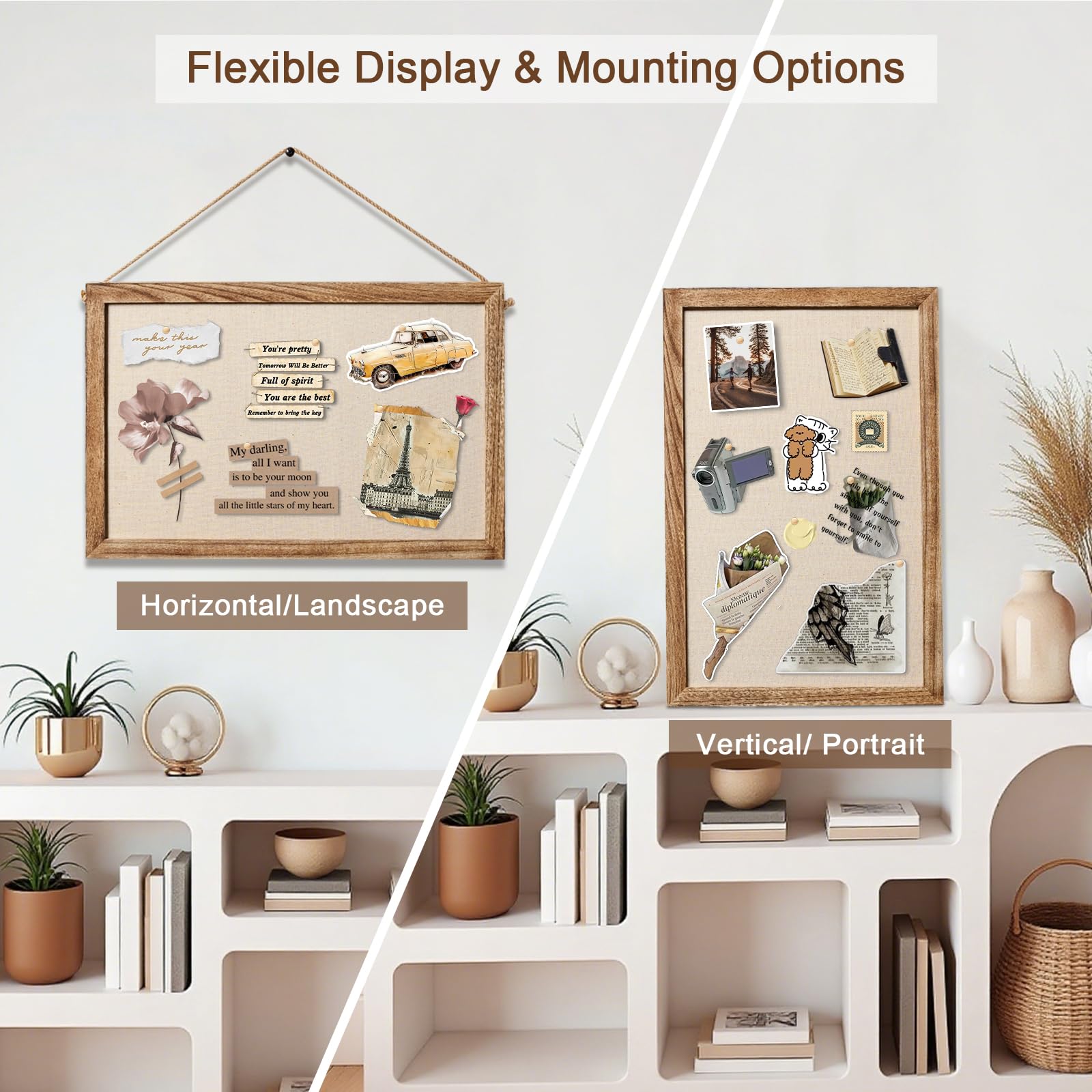 Emfogo 2-Pack Cork Board with Linen 16x11 inch Bulletin Boards Wall Decor Hanging Pin Wood Framed Display Bulletin Cork Picture Board Light for Room School Office Bedroom 20-Pushpin （Torched Wood）