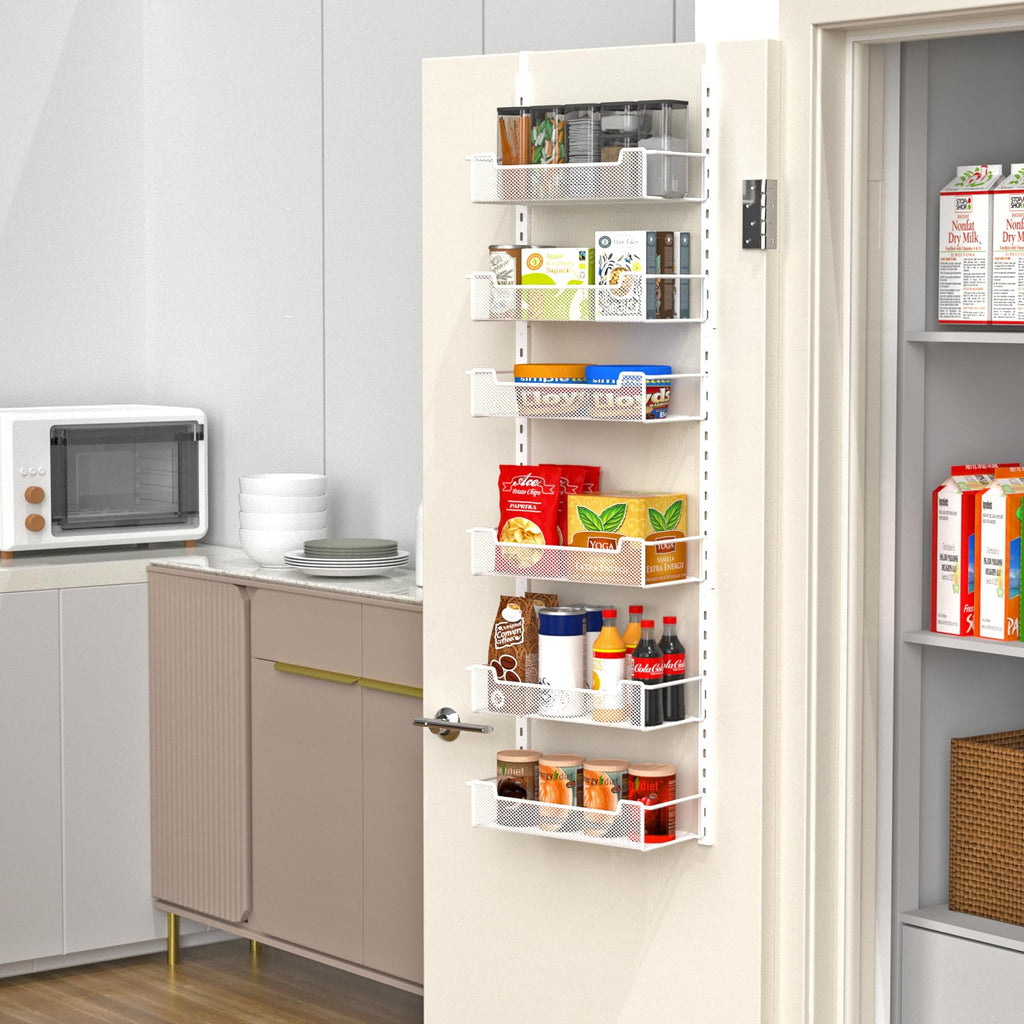 VyGrow 6-Tier 12.3" W Narrow Over the Door Pantry Organizer with Adjustable Basket, Pantry Door Organization for Pantry Kitchen Storage Room Spice Rack, White