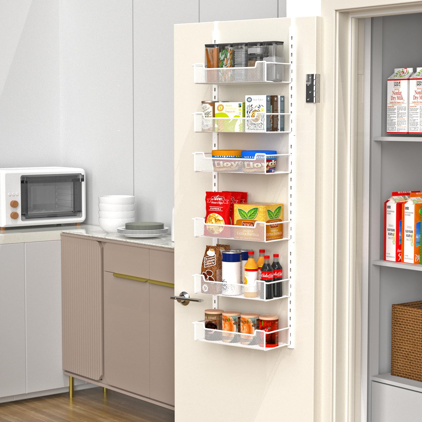 VyGrow 6-Tier 12.3" W Narrow Over the Door Pantry Organizer with Adjustable Basket, Pantry Door Organization for Pantry Kitchen Storage Room Spice Rack, White