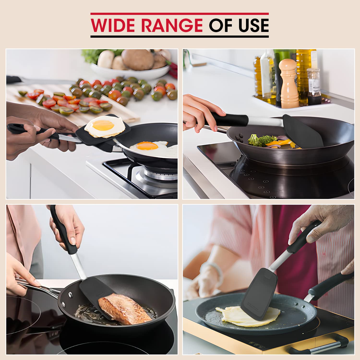 Unicook 2 Pack Flexible Silicone Spatula Flipper, Silicone Kitchen Cooking Utensil Set, Ustensile de Cuisine Turner 600F Heat Resistant, Ideal for Flipping Eggs, Burgers, Crepes and More, Black