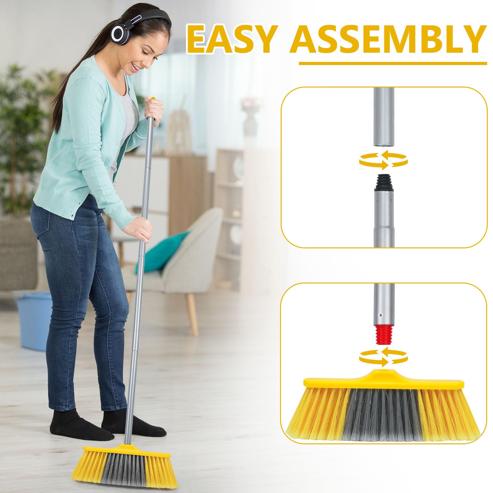 Indoor Broom for Floors 55” Soft Bristle Brooms for Sweeping Indoor/Outdoor to Clean Kitchen, Lobby, Office, Hardwood, Tile, Concrete, Patio, Deck-Yellow