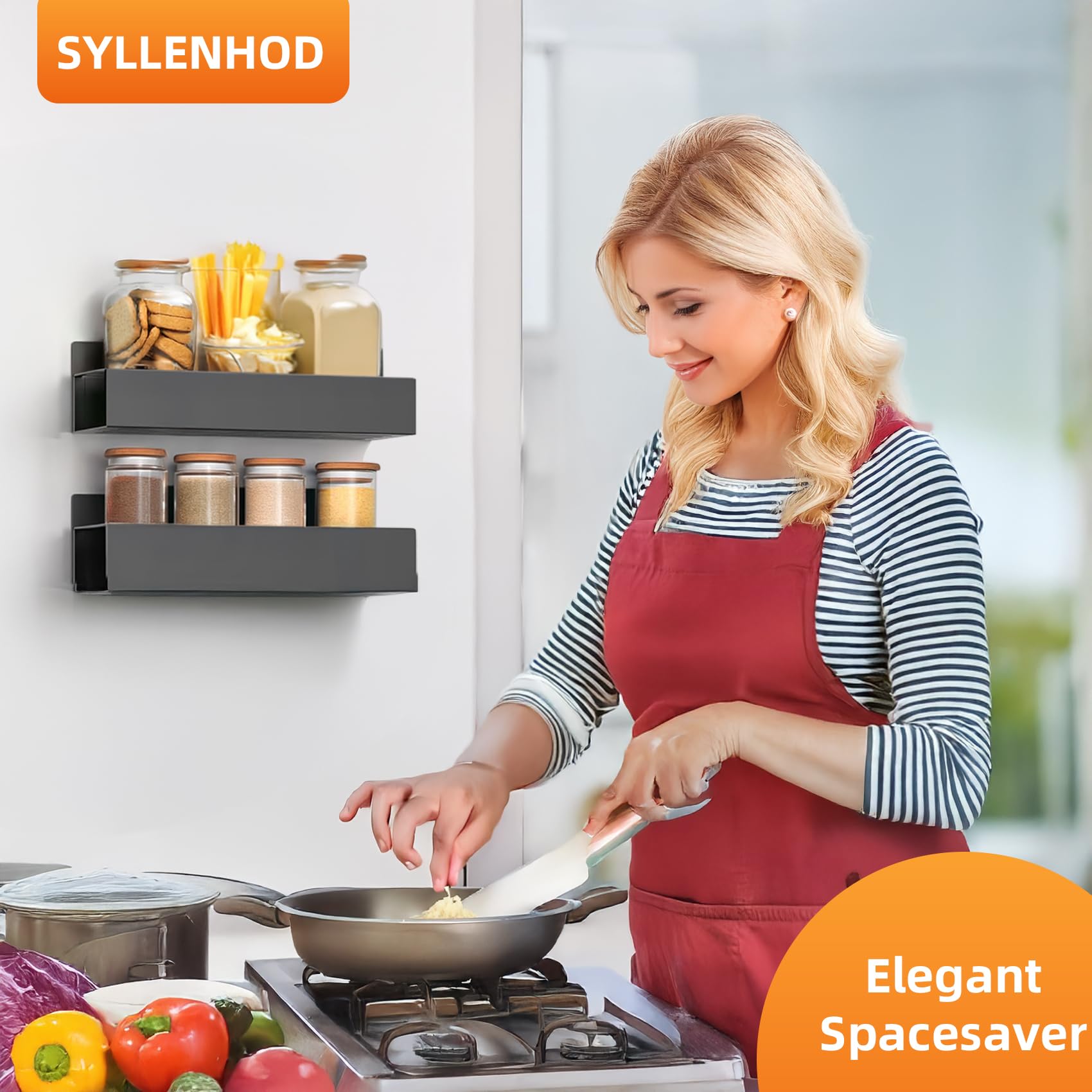 SYLLENHOD Kitchen Spice Rack for Wall: 2 Packs Black Adhesive Spice Racks Wall Mount - 11.8" Large Hanging Storage Organizer Cabinet Without Drilling for Smooth Wall - Work Room Bathroom Shelves