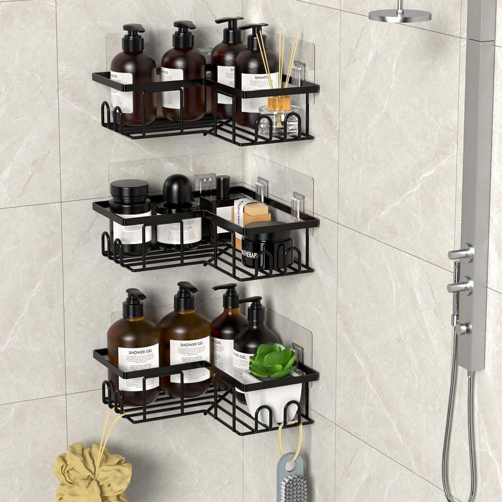 LOOBOV Shower Caddy Corner, Rustproof Shower Shelves, Bathroom Caddy No Drilling, Bathroom Organizers/Storage with Hooks (3 Pack- Black)