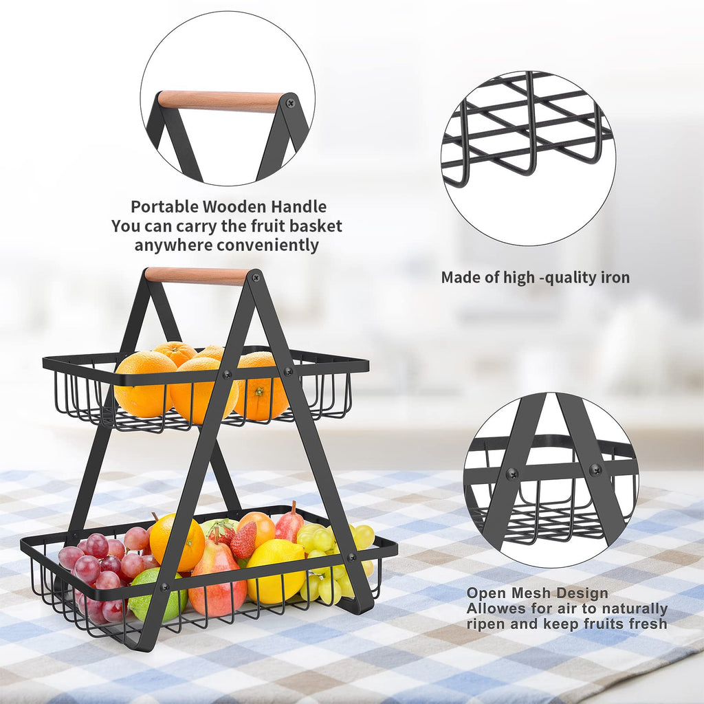 2 Tier Countertop Fruit Basket,Portable Fruit Bowle Basket for Kitchen Organizer Storage & Dining Room Fruits Vegetable Bread Snacks,MAHUEEOL Detachable Metal Rectangle Basket Storage