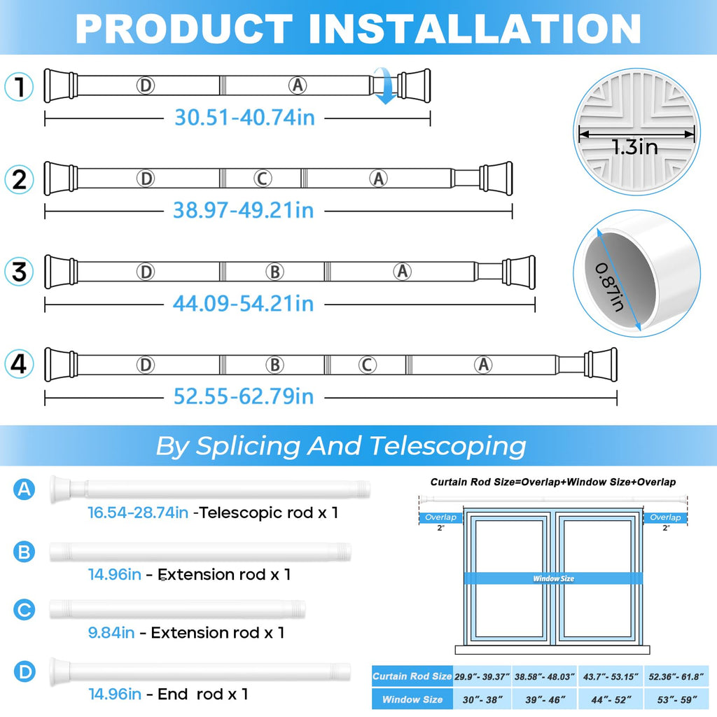 ZipGlo Tension Curtain Rod for Windows 31 to 62 inch, White Spring Curtain Rod No Drill Spring Loaded Curtain Rod Tension Rod Expandable Spring Tension rods for Windows, Door, Closet, Doorway