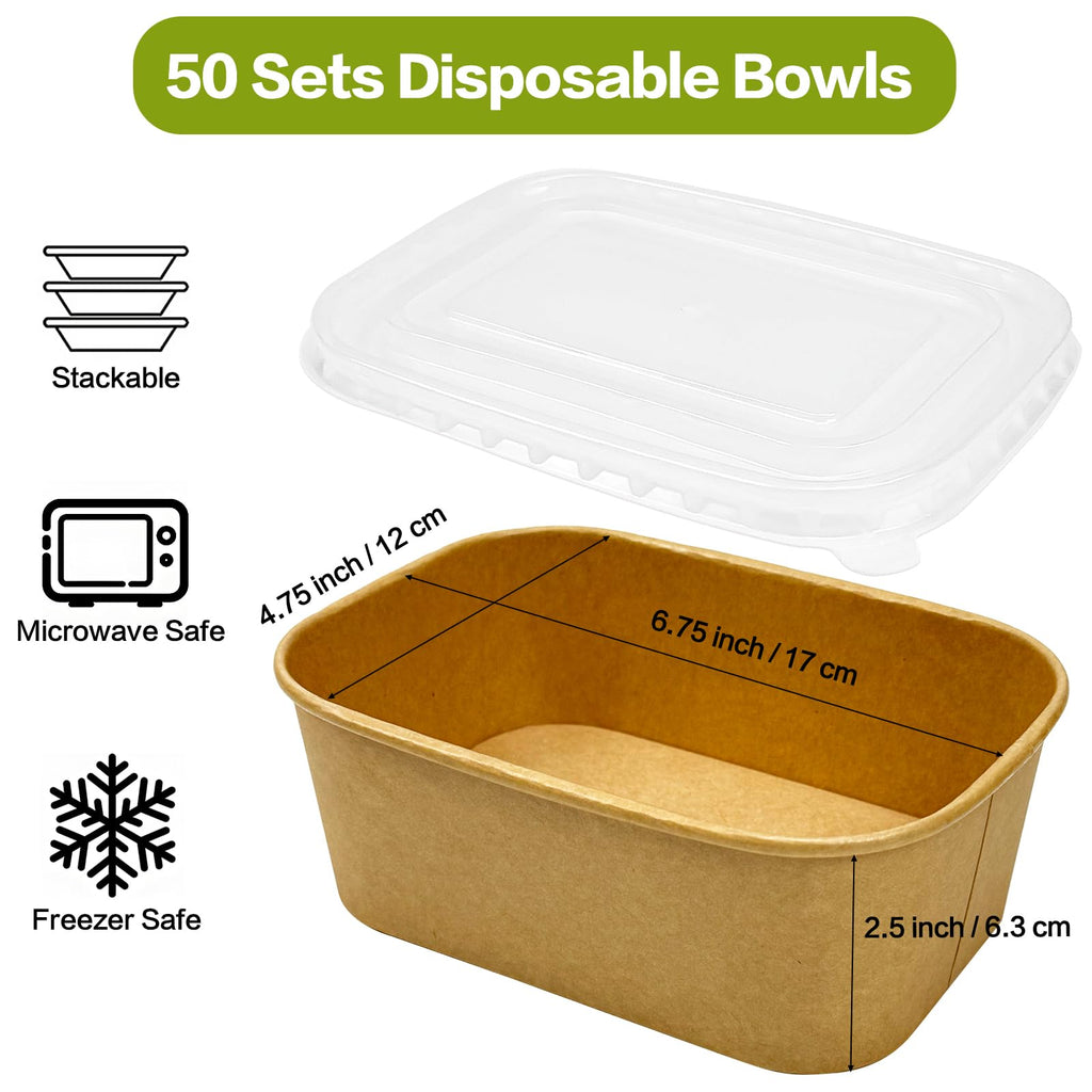 Seuqhck 50 Pack Paper Meal Prep Containers with Lids, 20 oz Disposable and Compostable Take out Food Containers Rectangular to Go Kraft Paper Bowls for Leftovers, Salad, Soup, Snack