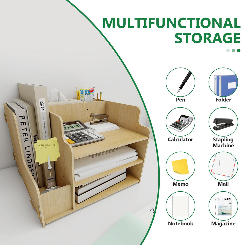 PUNCIA 3-Tier Desktop File Organizer Multifunctional File Rack with Horizontal File Sorter A4 Letter Paper Tray Organizers & 2 Pen Holders Mail Document Magazine File Holder for Desk Office Supplies