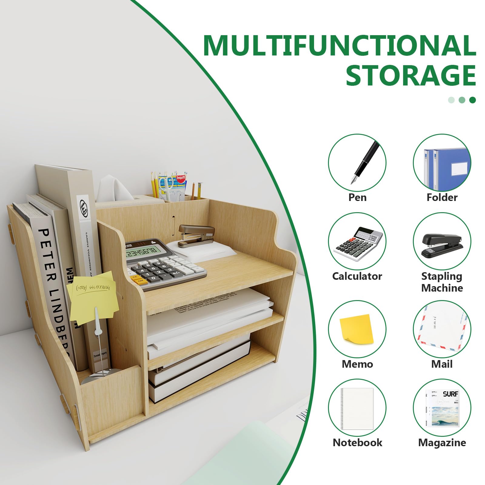 PUNCIA 3-Tier Desktop File Organizer Multifunctional File Rack with Horizontal File Sorter A4 Letter Paper Tray Organizers & 2 Pen Holders Mail Document Magazine File Holder for Desk Office Supplies
