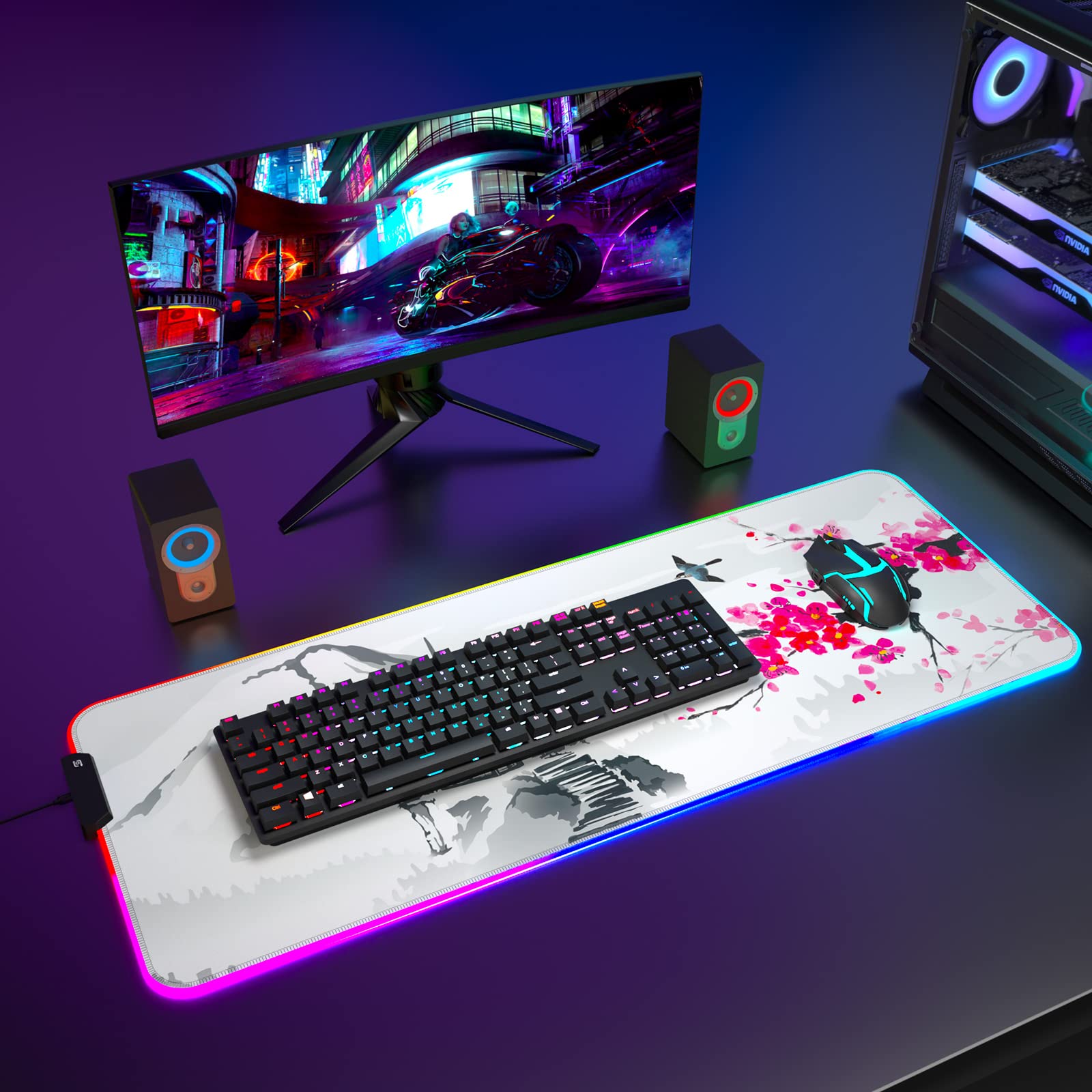 ITNRSIIET RGB Gaming Mouse Pad, Full Desk XL Extended Large Gaming Mousepad, 12 Light Modes, Ultra Thick, Big LED Desk Mat for Keyboard Computer Men Gamer Esport Pros, 32" x 12", Japanese Mount