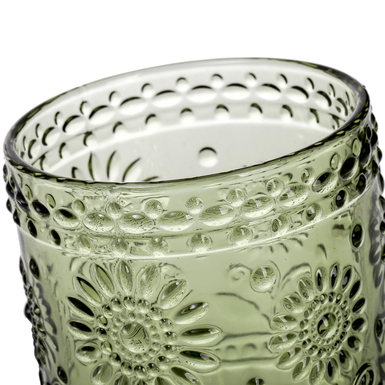 Hacaroa Set of 6 Vintage Drinking Glasses, 12 Oz Green Colored Glassware Floral Embossed Water Glasses, Decorative Glass Tumbler Cups for Beverages, Cocktail, Whiskey, Beer