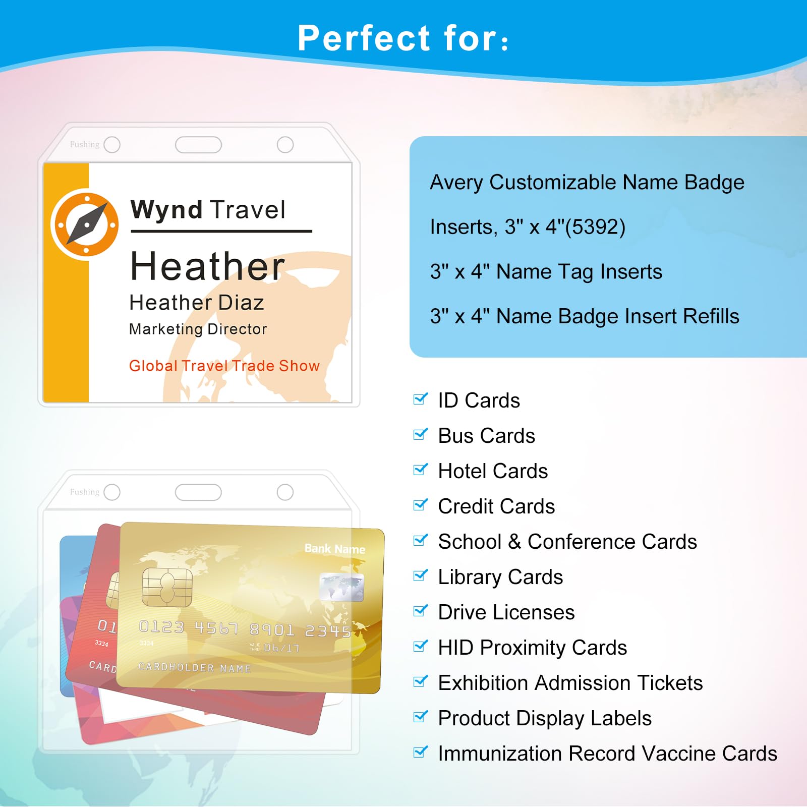 Fushing 3x4 Clear PVC Name Badge Holders - No Zipper Horizontal Tag Holders for 3 x 4 Inch Badge Inserts (100)