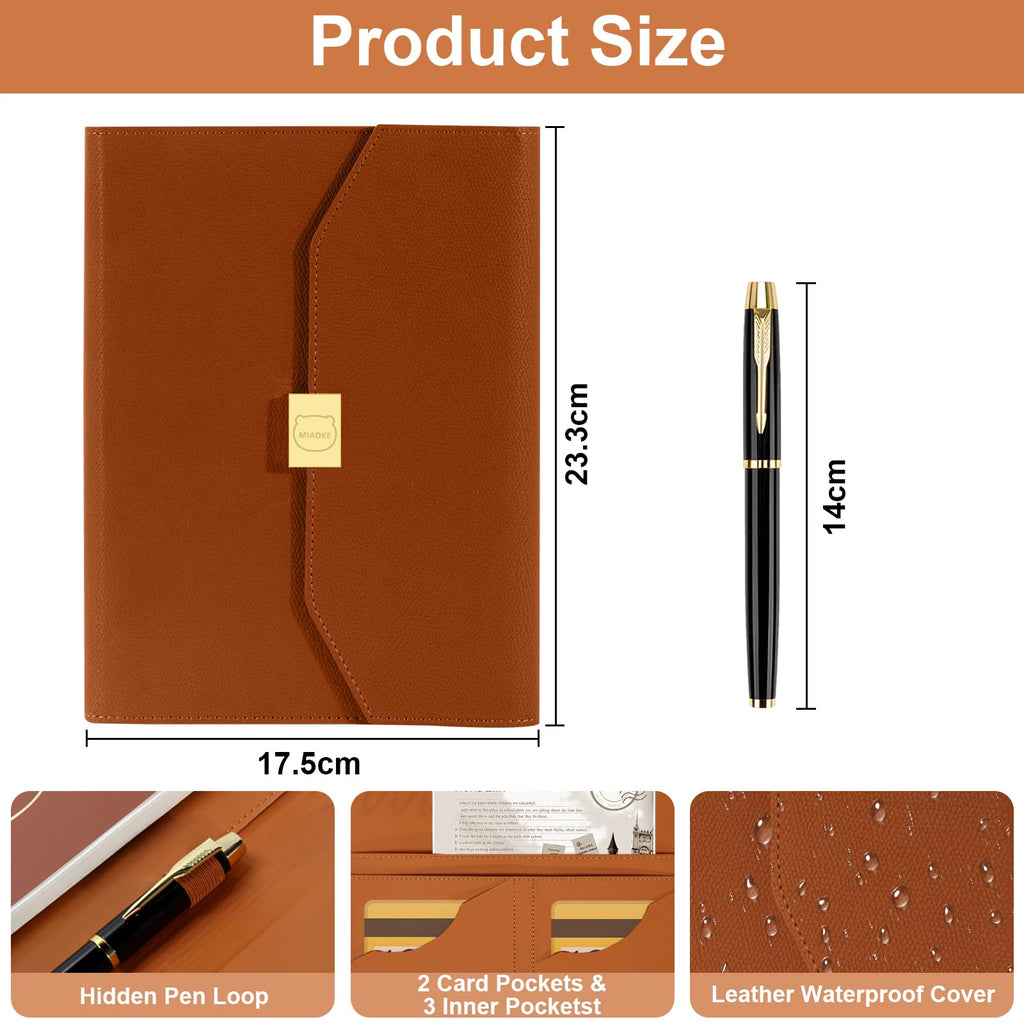 MIAOKE Luxury Notebook Journal for Work, Hardcover Leather Journal for Women Men, 6 Hole Loose-leaf Refillable Folio Notebook with Pen, Pocket and Magnetic Closure for Daily Writing