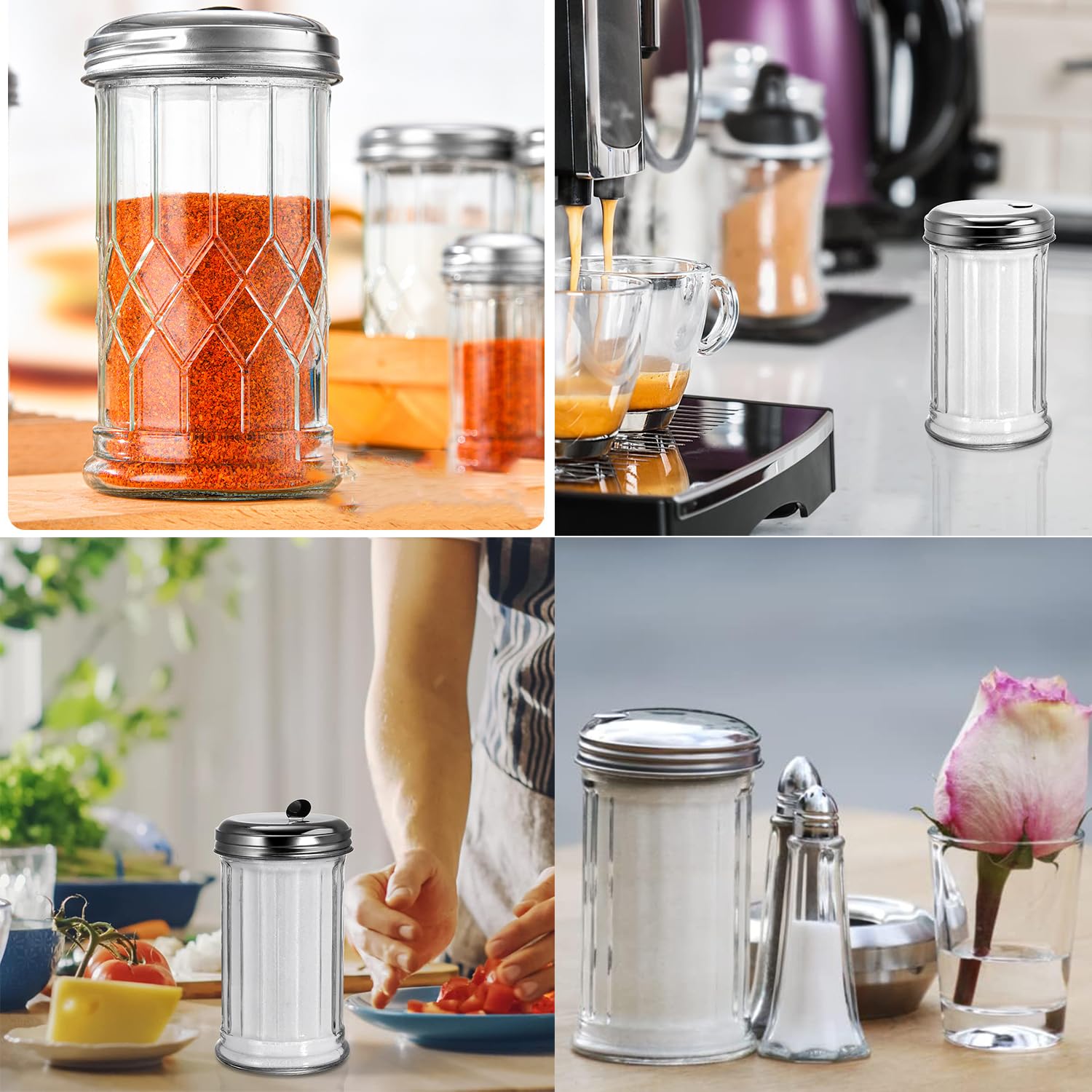 Suweiyuanshiyi 2 Pack 12OZ Glass Sugar Dispenser/Shaker/Pourer with Stainless Steel Pour-Flap Lid for Coffee Bar Vintage Glass Jar for Sugar Cinnamon SpicesRetro Style