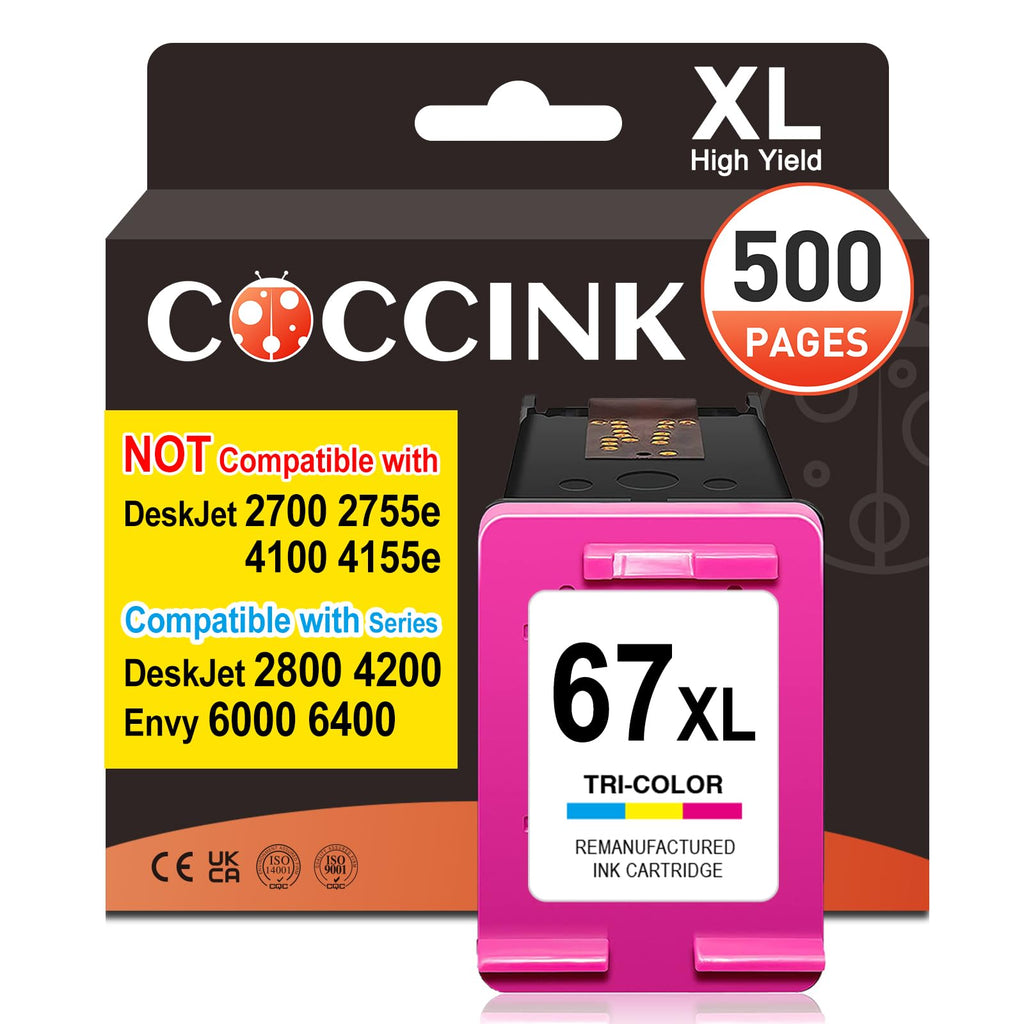COCCINK 67XL Ink Cartridges Colour for HP Deskjet 2800e 2855e 2842e 2827e 2852e 4255e 4200e 4252e 4227e Envy 6052e 6055e 6058 6065e 6452e 6455e 6458e for HP Printer Inkjet 67 XL Color