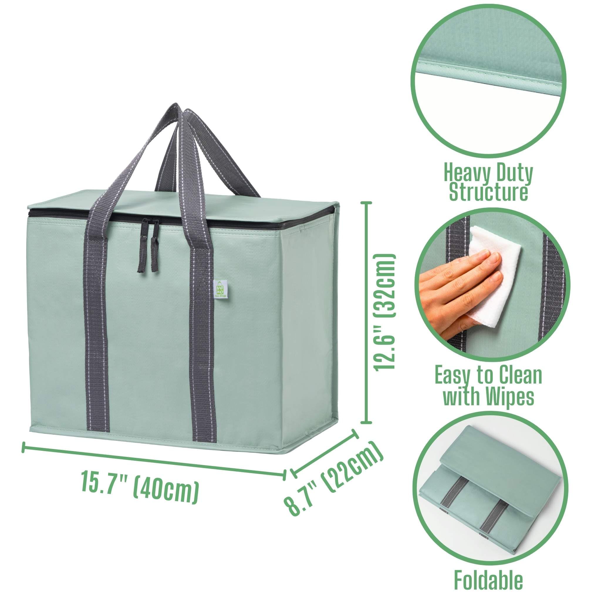 VENO 2 Pack Cooler Bag and Insulated Grocery Bags for Food Delivery, Collapsible Cooler Reusable Shopping Bags for Groceries with Hard Bottom, Zippered, Foldable, Heavy-Duty (Light Green, 2 Pack)