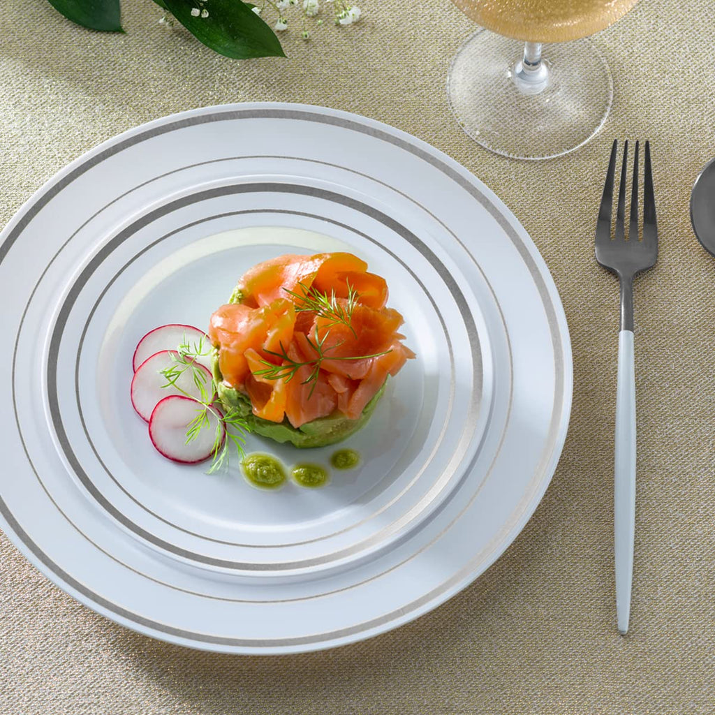 SETUP [60 Piece] Combo White Silver Rimmed Plates, Disposable Plates for Party - Premium Heavy-Duty Wedding Plates, 30 Disposable 10.25" Dinner Plates and 30 Disposable 7.5" Salad Plates