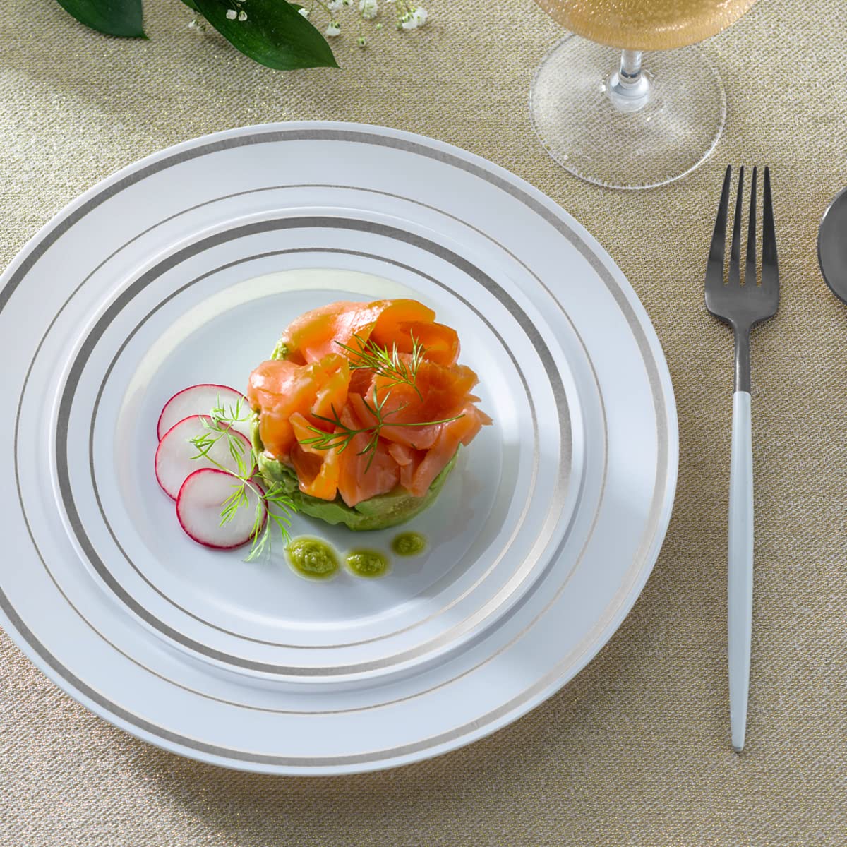SETUP [60 Piece] Combo White Silver Rimmed Plates, Disposable Plates for Party - Premium Heavy-Duty Wedding Plates, 30 Disposable 10.25" Dinner Plates and 30 Disposable 7.5" Salad Plates