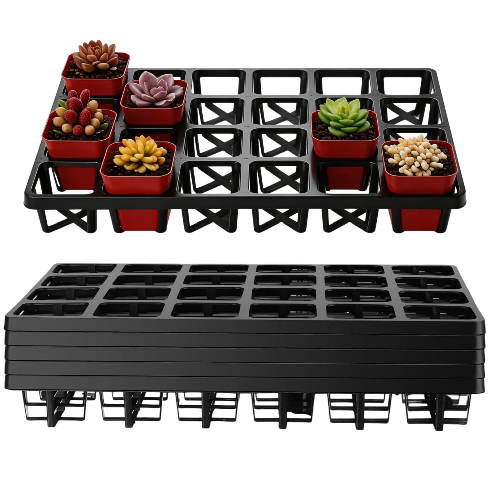5 Pack Square Nursery Pot Tray with 24 Cells, Plant Trays for Pots, Plastic Planting Trays, Flower Pot Moving Tray for Carrying Small Plant Pots (17" x 11" x 2", 120 Cells in Total)