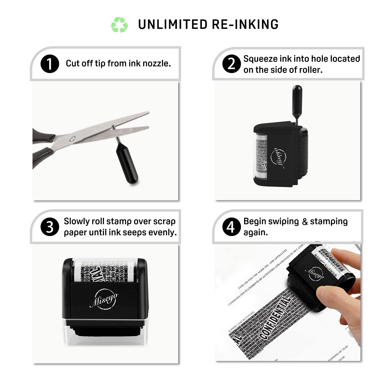 Miseyo Identity Theft Protection Roller Stamp Set - Black (6 Refill Ink Incleded)
