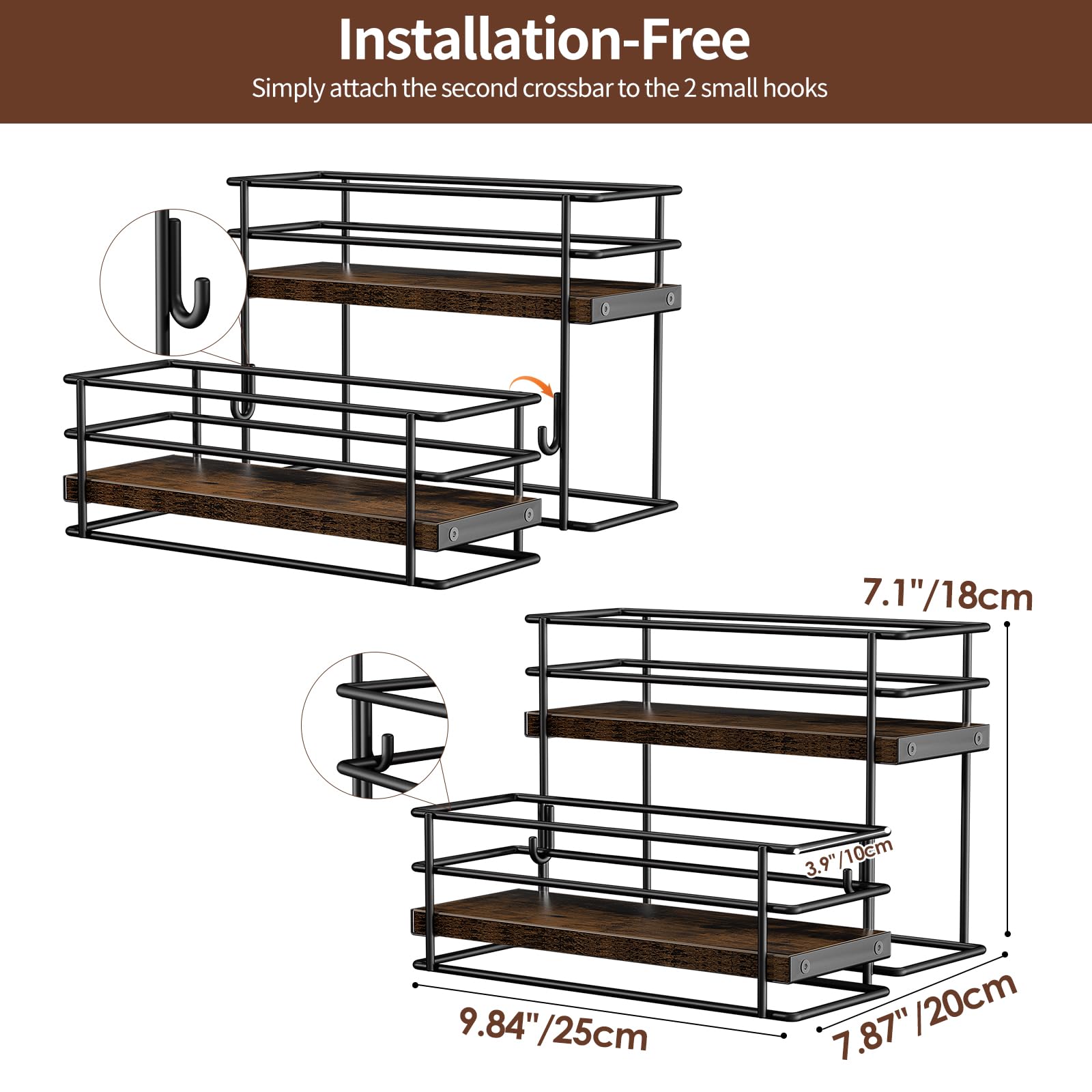 Nuovoware Coffee Syrup Organizer, 2-Tier 6 Bottles Separable Metal Rack with Wooden Base Whiskey Wine Dressing for Countertop Kitchen Bar, Black