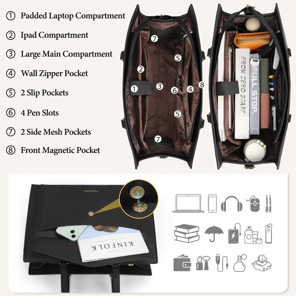 RAINSMORE Laptop Bags For Women 15.6Inch Leather Work Tote Bags Laptop Tote Waterproof Laptop Purse Business Office Computer Bag Professional Womens Briefcase Large Handbag for Travel College, Black