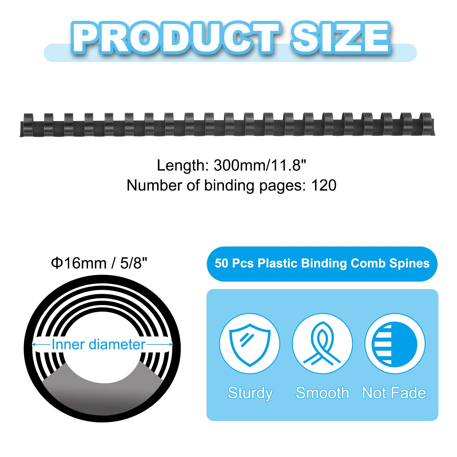 PATIKIL 16mm (5/8") Plastic Binding Combs, 50 Pcs 21 Rings Comb Binding Spines 120 Sheet Capacity Letter Size for Binding Paper Sheets Notebook Calendar Picture Album, Black