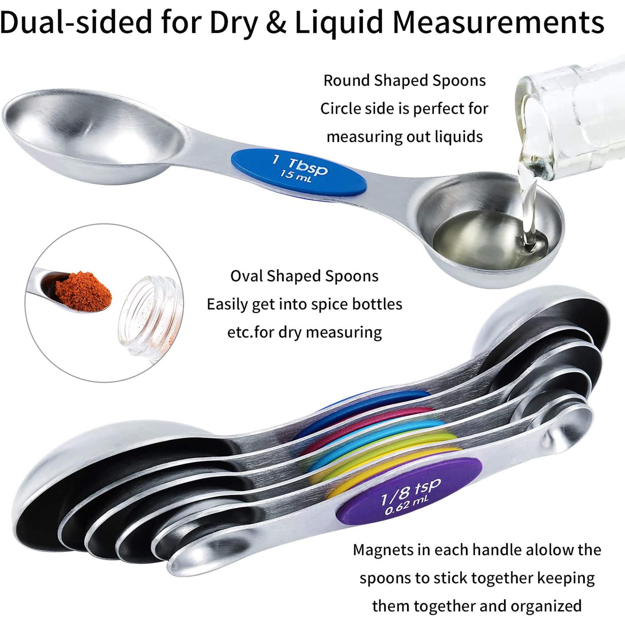 TILUCK Measuring Cups and Magnetic Measuring Spoons Set, Stainless Steel Measuring Cups, 6 Double-Sided Stainless Steel Measuring Spoons & 1 Leveler (5+7)