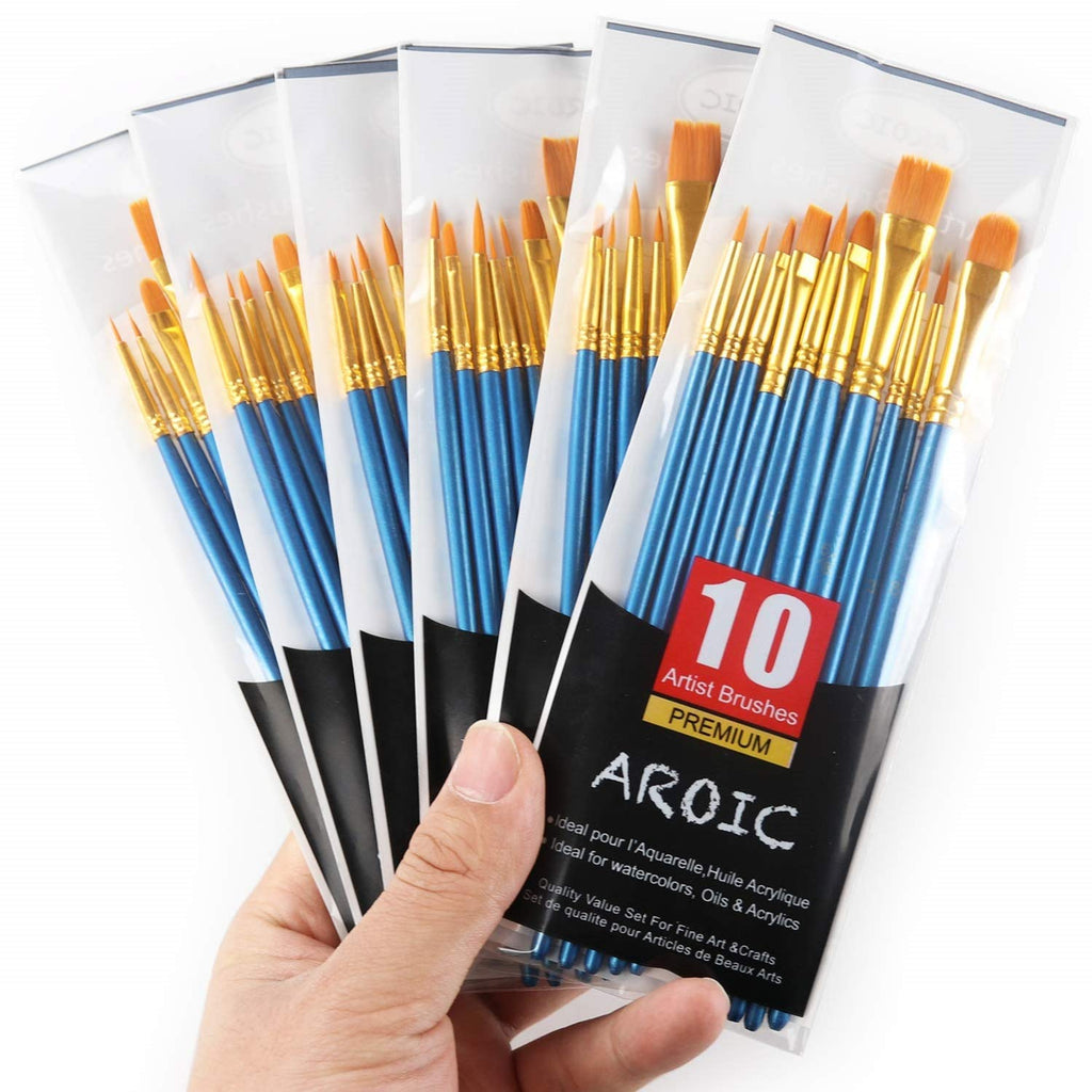AROIC Acrylic Paint Brush Set, 6 Packs / 60 pcs Nylon Hair Brushes for All Purpose Oil Watercolor Painting Artist Professional Kits, Bulk Paint Brushes for Art Supplies